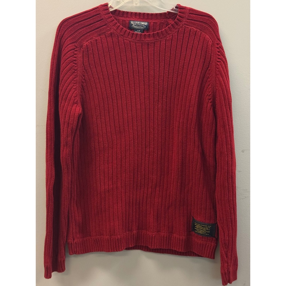 Vintage Polo Jeans Co Ralph Lauren Sweater Mens Large Red Ribbed Cotton Crewneck - Picture 1 of 11